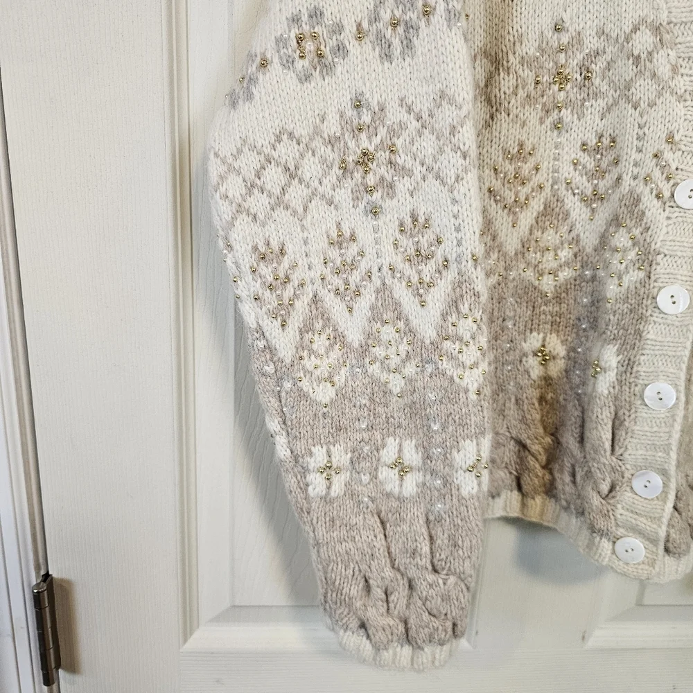 Marisa Christina Vintage Fair Isle Beaded Cable Knit Chunky Button Down Cardigan